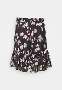 Zwarte geplooide rok met een gefronst zoom en een kleurrijke abstracte luipaardprint in roze, groen en oranje tinten. Lichtgewicht materiaal.