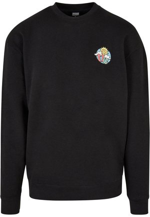 Schwarzer Pullover mit Rundhalsausschnitt, kleinem, buntem Peace-Zeichen und "UC"-Logo auf der linken Brust, gerippte Bündchen und Saum.