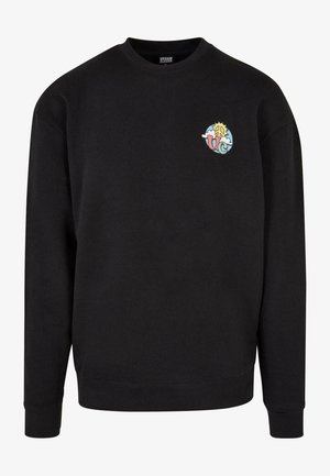 Felpa nera girocollo con piccolo simbolo della pace colorato e logo "UC" sul petto a sinistra, polsini e orlo a costine.