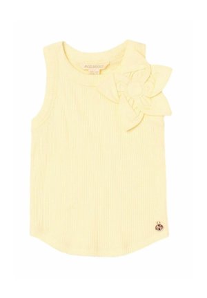 Haut sans manches jaune clair pour bébé avec un tissu texturé et une grande fleur en tissu sur l'épaule gauche.