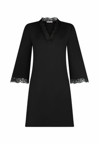 Zwarte lange mouwen jurk met V-hals en kantafwerking op de kraag en mouwmanchetten, met een rechte snit en eenvoudig ontwerp.