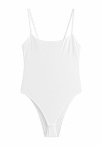 Costum de baie alb întreg, cu bretele subțiri și decolteu drept, având tăieturi înalte pe picioare.