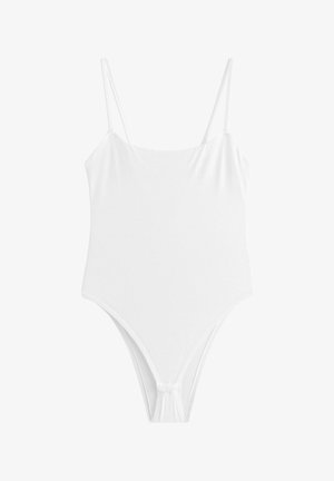 Weißer Einteiler-Badeanzug mit dünnen Schulterträgern und geradem Ausschnitt, ausgestattet mit hoch ausgeschnittenen Beinausschnitten.