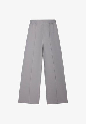 Pantaloni grigi a vestibilità comoda con vita elastica e sottili cuciture verticali, realizzati in tessuto morbido e liscio.