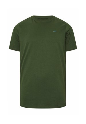 Einfarbiges dunkelgrünes T-Shirt mit kurzen Ärmeln und Rundhalsausschnitt mit kleinem rechteckigem blau-weißem Logo auf der linken Brust.