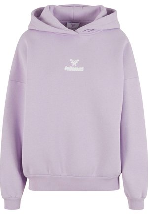 Hellblaues Hoodie mit einer Front-Kängurutasche, gerippten Bündchen und Saum, mit einem weißen Logo auf der Brust und einer Kordelzugkapuze.