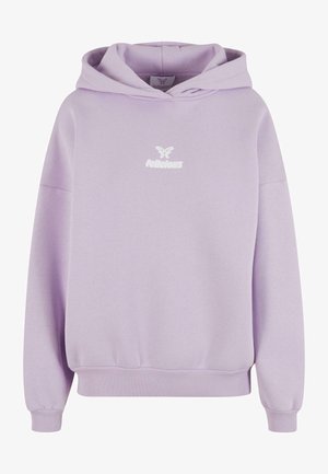 Light purple hoodie with a front kangaroo pocket, ribbed cuffs and hem, featuring a white logo on the chest and a drawstring hood.