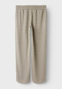 Beige broek met een gestructureerd patroon, gemaakt van een zacht materiaal, met een elastische taille en een rechte pijpdesign.