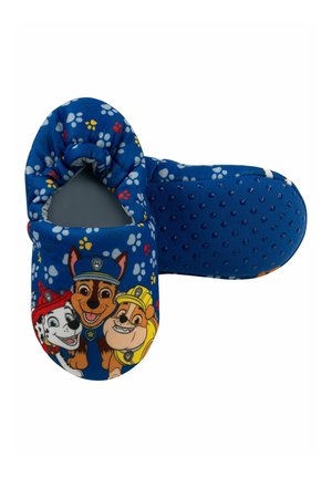 Pantofole blu per bambini con impronte di zampe e tre personaggi di cani dei cartoni animati sul davanti, con suole antiscivolo testurizzate.