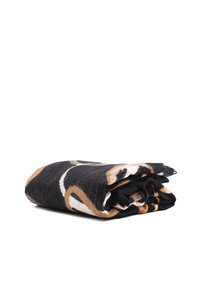 Sciarpa multicolore con base nera e motivi astratti marroni e bianchi. Tessuto morbido e leggero, piegato con cura.