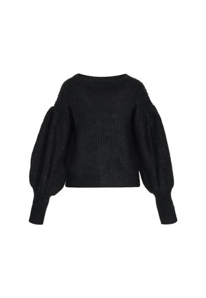 Zwarte trui met een gestructureerd breisel, voorzien van een brede halslijn en volumineuze mouwen, cropped lengte en geribbelde boorden.