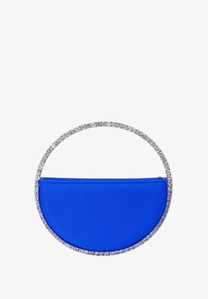 Blaues Stoffhandtäschchen in Halbmondform mit einem silbernen, glitzernden Griff aus kleinen Steinen, Reißverschluss oben.