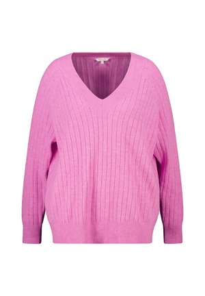 Roze gebreide trui met een V-hals, ribbeltextuur en lange mouwen. Heeft een relaxte pasvorm en een zachte stof.