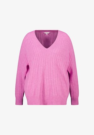 Roze gebreide trui met een V-hals, ribbeltextuur en lange mouwen. Heeft een relaxte pasvorm en een zachte stof.