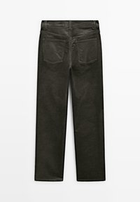 Pantaloni in corduroy verde scuro con design a gamba dritta, dotati di due tasche posteriori e un tessuto testurizzato.
