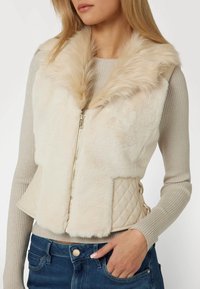 Veste en fausse fourrure crème avec une taille matelassée beige. Elle comprend une fermeture à glissière et un col doux et pelucheux. Tissu texturé avec un léger éclat subtil.