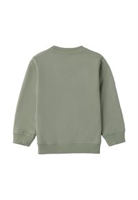 Sudadera de algodón verde claro con mangas largas, cuello y puños de canalé, diseño simple y textura suave. Sin patrones ni acentos visibles.