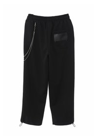 Pantalones de chándal negros con cintura elástica, un bolsillo lateral con una etiqueta negra, acentos de cadena y puños con cremallera para un ajuste ajustable.