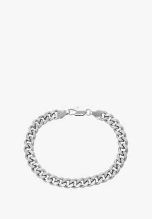 Bracciale in argento con finitura lucida. Presenta anelli arrotondati e una chiusura a granchio, mettendo in mostra un design resistente e strutturato.