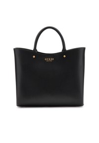 Sac fourre-tout en cuir noir avec quincaillerie dorée. Il dispose de deux poignées, d'une texture lisse et d'un logo embossé sur le devant.