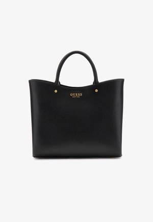 Černá koženková taška přes rameno se zlatými detaily. Obsahuje dvě ucha, hladký povrch a logo vyražené na přední straně.