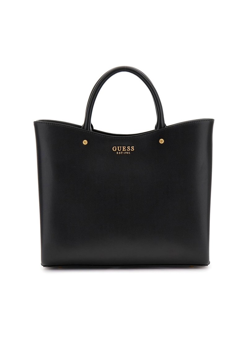 Sac fourre-tout en cuir noir avec quincaillerie dorée. Il dispose de deux poignées, d'une texture lisse et d'un logo embossé sur le devant.