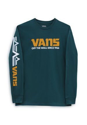 Niebieska koszula z bawełny z długim rękawem, z białym i złotym logo oraz napisem "VANS", z geometrycznym wzorem na lewym rękawie. Klasyczny okrągły dekolt.