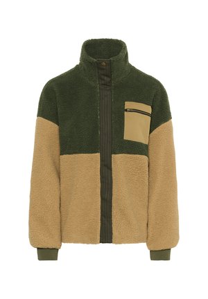 Fleece jacket featuring a color-block design in green and beige, high collar, zip front, and a chest pocket with zip closure.