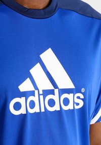 Blå sportskjorta med vit Adidas-logotyp och tre-stripes design på axeln, bärs av en person.