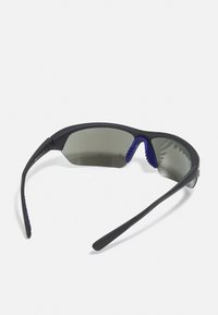 Sport sunglasses with a black frame, grey lenses, and blue accents. Features aerodynamic design and rubberized nose pad for grip.
