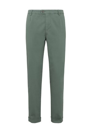 Pantalones verdes entallados con dobladillos con puños, cierre frontal con botones, trabillas para cinturón y bolsillos laterales sobre un fondo blanco.