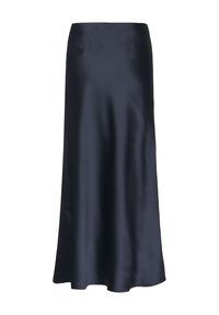 Gonna maxi in satin blu navy con una consistenza liscia, silhouette a forma di A e orlo leggermente svasato. Presenta un design pulito e minimalista.