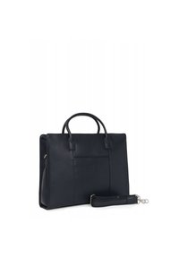 Leren aktetas in donker marineblauw, voorzien van dubbele draaghandvatten, een afneembare schouderband en een voorvak met een subtiele merklogo.