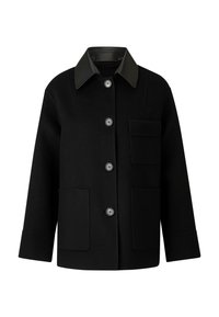 Sort uldfrakke med læderkrave, knaplukning og to forlommer foran. Har en afslappet pasform og subtile designdetaljer.
