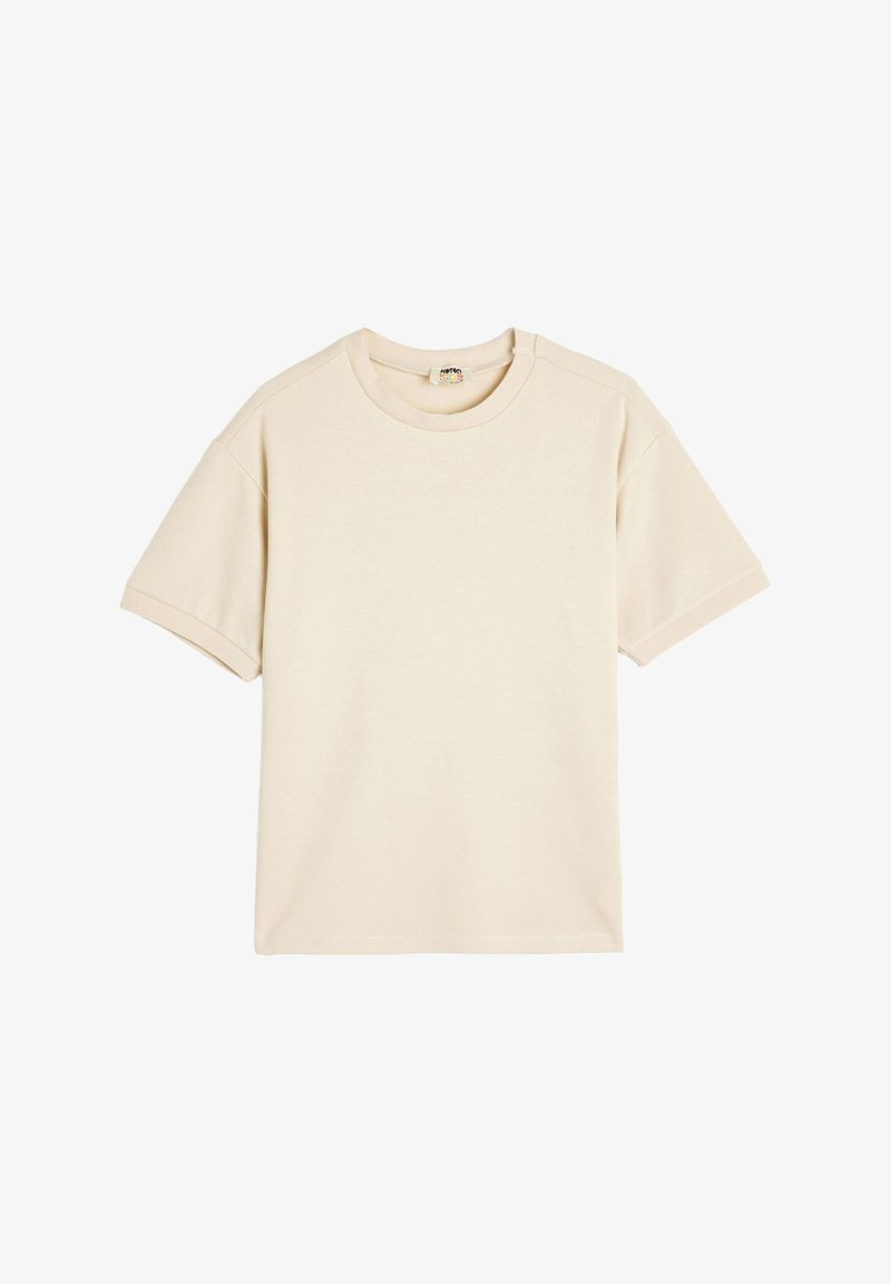 T-shirt beige chiaro con scollo rotondo, maniche corte e vestibilità rilassata. Realizzato in cotone morbido e strutturato, privo di motivi o abbellimenti visibili.