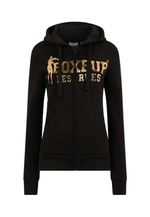 Schwarze Zip-Hoodie aus weichem Stoff. Mit einem goldbedruckten Logo auf der Vorderseite, verstellbaren Kordeln und gerippten Bündchen.