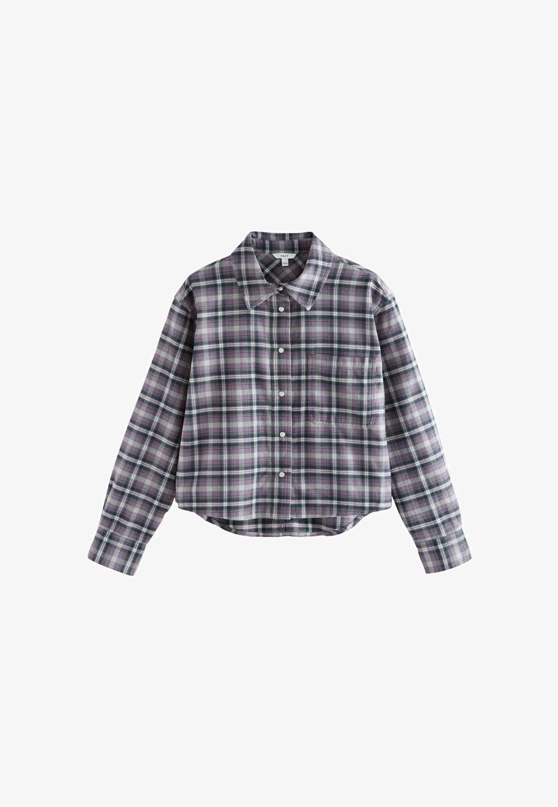 Cropped plaid shirt in purple, green, and black; features a button-up front, collar, and long sleeves with a slightly textured fabric.