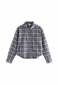 Cropped, long-sleeve plaid shirt in purple, green, and black tones. Features a classic collar and button-down front with a chest pocket.