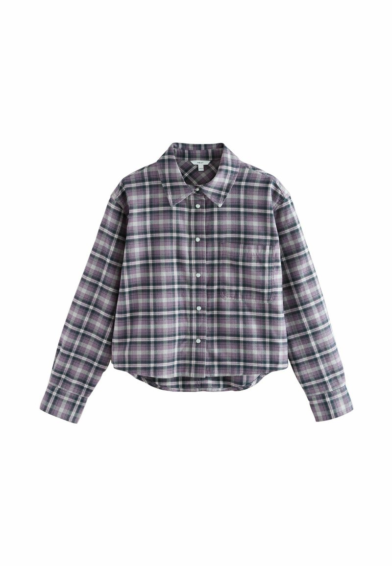 Cropped, long-sleeve plaid shirt in purple, green, and black tones. Features a classic collar and button-down front with a chest pocket.