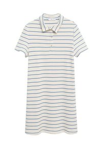 Polo in crema con righe orizzontali blu. Caratterizzato da un colletto, maniche corte e tre bottoni sul davanti. Tessuto morbido.