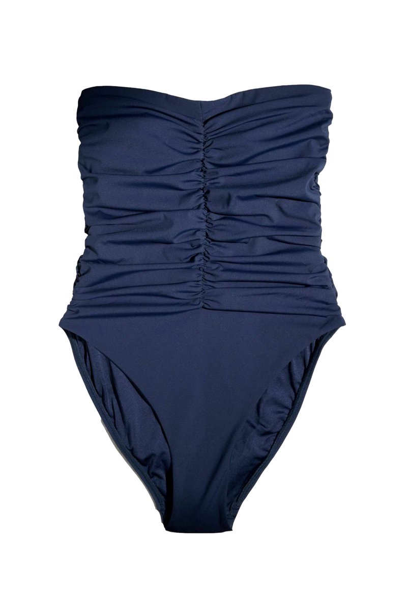 Tmavomodré jednodielne plavky bez ramienok s nariaseným detailom pozdĺž prednej časti trupu, navrhnuté pre priliehavý vzhľad.