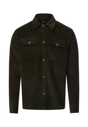 Dark green corduroy long-sleeve shirt with button front and two buttoned chest pockets, displayed on a plain white background.