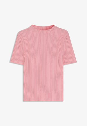 Rosa gerippte Kurzarmbluse mit hohem Kragen. Weicher Stoff und vertikales Streifenmuster. Verfügt über ein kleines Logo am Ärmel.