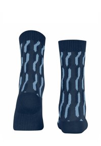 Marineblaue Socken mit hellblauen wellenförmigen Mustern. Gerippte Bündchen, glatte Textur, Knöchellänge, mit elastischen Öffnungen für eine gute Passform.