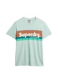 Light mint green t-shirt made of soft fabric; features a horizontal design with brown and teal stripes and bold "Superdry" logo in white.