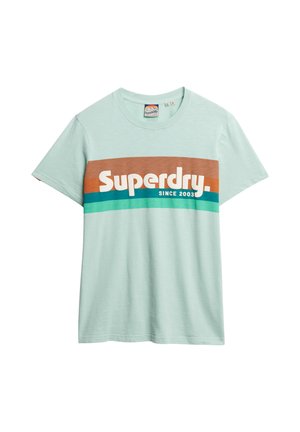 Light mint green t-shirt made of soft fabric; features a horizontal design with brown and teal stripes and bold "Superdry" logo in white.