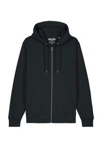 Dark green zip-up hoodie made of soft fabric. Features a front pocket, adjustable hood, and ribbed cuffs. Minimalist design with drawstrings.