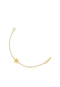 Pulsera de cadena de oro con un pequeño charm en forma de flor. La cadena es delicada, con un cierre de langosta y un lazo ajustable para personalizar la longitud.