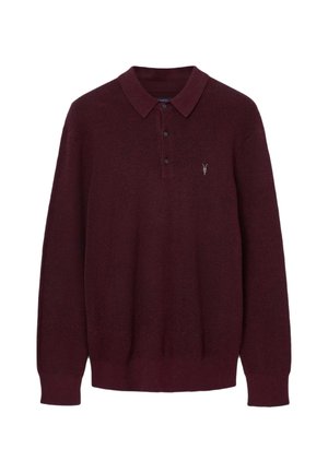 Suéter de punto burdeos con cuello, tapeta de dos botones, puños acanalados y un pequeño logo en el pecho; tejido texturizado.