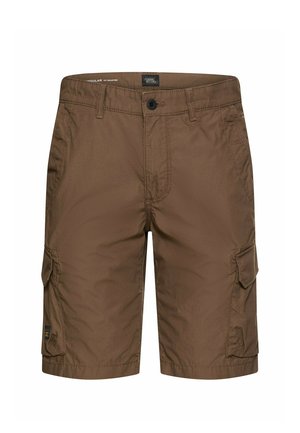 Brązowe, regularne spodenki typu cargo z przednim guzikiem, szlufkami na pasek, bocznymi kieszeniami oraz klapkowymi kieszeniami na każdej nogawce.